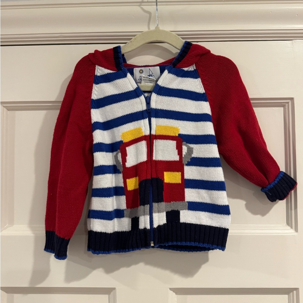 Florence Eiseman Blue and White Striped Knit Firetruck Hoodie